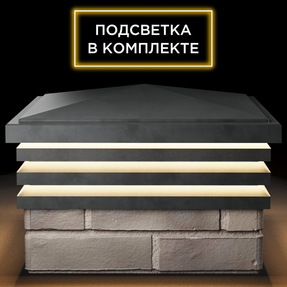 Колпак Zking Бона ХайТек Серый на столб 1.5х1.5 кирпича (385х385мм) с подсветкой